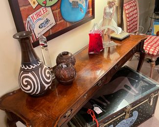 Chippendale mahogany sofa table with Moses T. trunk/ table and Marilyn Monroe