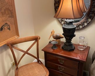 One of a set of 4 oak cross back side chairs and one of a pair of mahogany nightstands 
