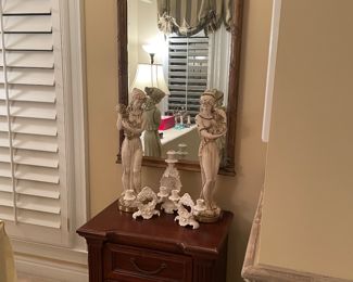 Small mahogany nightstand with Empire style gold leaf mirror 