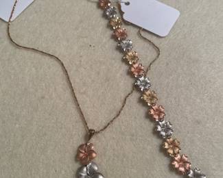 14k tri color gold bracelet and pendant with chain