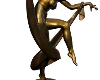 Signed Art Deco Nude Scarf Dancer Bronze Sculpture