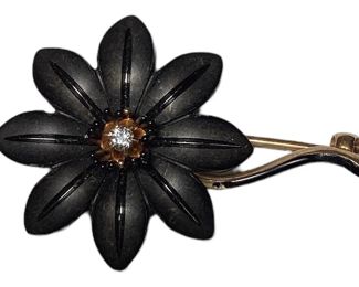 Victorian Mourning 14K Gold & Diamond Flower Brooch Pin