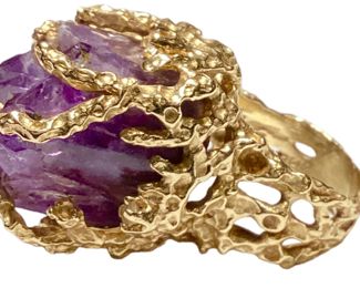 Modern Brutalist 14K Gold, Uncut Amethyst, & Diamond Ring