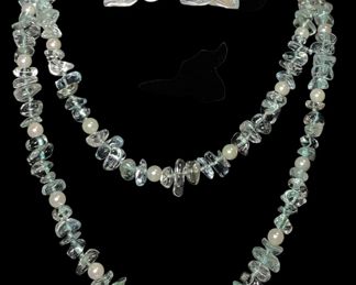 14k Gold Aquamarine, Pearl Necklace and Earrings