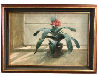 Mid Century Artist Signed Floral Acrylic on Canvas