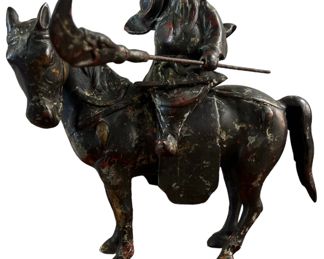 Chinese Cast Metal Deity on Horseback Sculpture