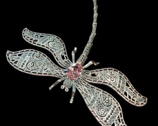 Huge Sterling Silver Marcasite Dragonfly Brooch Pin