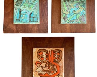 Three HARRIS STRONG Mid Century Teak and Hand Painted Tiles