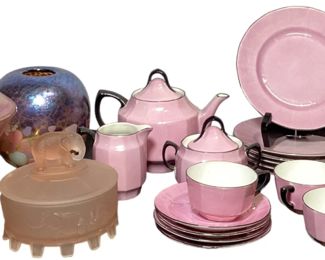 Collection Pink Iridescent Art Glass and Tea Set