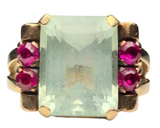 Art Moderne 14k Gold Aquamarine & Ruby Ring