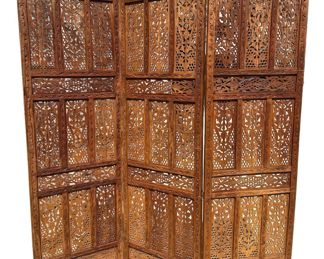 Teak Wood Carved Three-Panel Screen #1