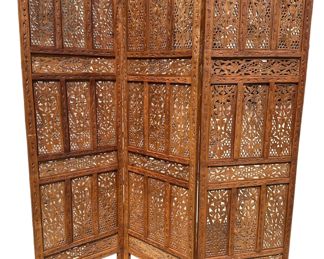 Teak Wood Carved Three-Panel Screen #2