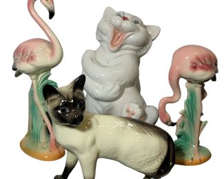 Mid Century Flamingos & Italian Cat Statues