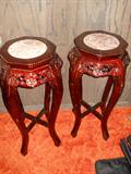 PAIR OF CARVED PLANT STANDS WITH MARBLE TOPS