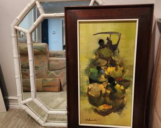 Chinoiserie Mirror and Vintage Art by Alfred Buenaventura,signed