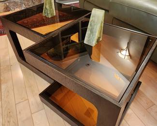 MCM Amber Glass and Wood Accent Tables