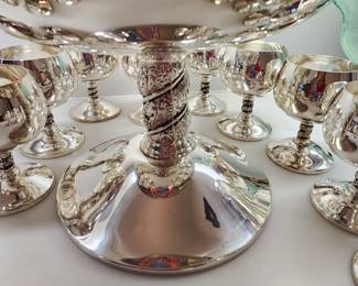 Vintage Punch Bowl on Pedestal with matching goblets and ladle