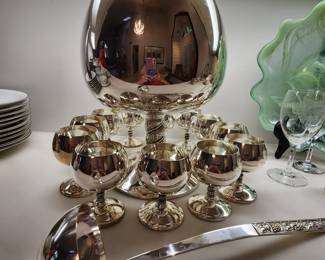 Vintage Punch Bowl on Pedestal with matching goblets and ladle