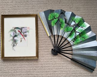 Asian watercolor w/cardinal and hand painted fan