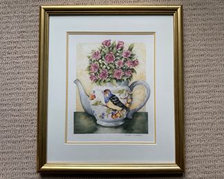 Sarah Glickman watercolor signed - roses in tea pot