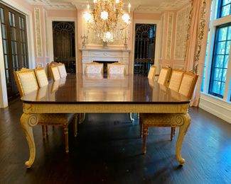 $12,000 ( Originally $44,000) Beautiful custom Louis XV-style dining with 12 custom giltwood chairs                         4 armchairs - 8 side chairs                                                                                  Table 31"h x 74"w x 119" long - plus four 15" leaves