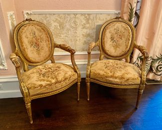 $1,400 Pr. antique French carved giltwood fauteuils                 41"h x 28"w x 25"d