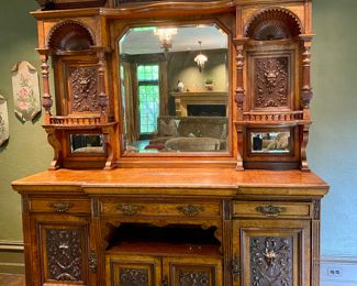 Now $5,100- Was $6,800 Carved Victorian sideboard or back bar cabinet   93"h x 83" long x 30"d