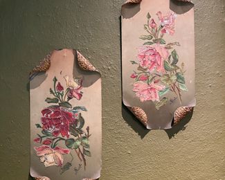 $250.00 pr. Pair tole floral paintings