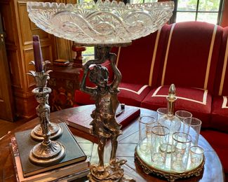 $350.00 Patinated metal figure holding cut glass bowl 22"h x 14" w 