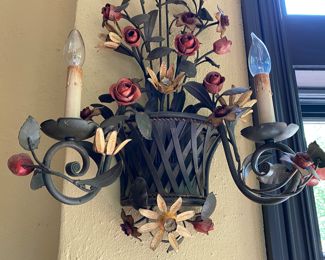 Now $750 - Was $850 Pair vintage Currey & Co.  iron floral light  sconces   25"h x 17"w           