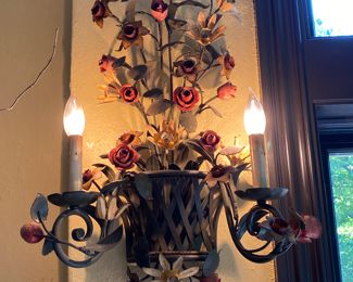 Now $750 - Was $850 Pair vintage Currey & Co.  iron floral light  sconces   25"h x 17"w            