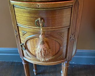Now $450 -Was $550 Pr. French marble-top end table with porcelain-lined cupboards 32"h x 17"w x 16"d - one missing knob
