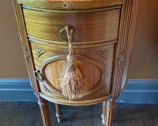 Now $450 -Was $550 Pr. French marble-top end table with porcelain-lined cupboards 32"h x 17"w x 16"d - one missing knob