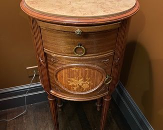 Now $450 -Was $550 Pr. French marble-top end table with porcelain-lined cupboards 32"h x 17"w x 16"d - one missing knob