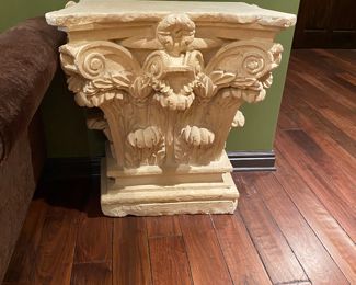 $850.00 Pair carved plaster column capital tables                             34"h x 31.5"w x 16"d