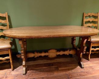 $1,600 French country dining table and 4 ladder back chairs with leather cushions                                                        Table: 31”h x 72” long x 36”w