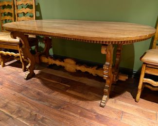 $1,600 French country dining table and 4 ladder back chairs with leather cushions                                                        Table: 31”h x 72” long x 36”w