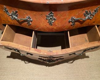 Now $725 - Was $950 French marquetry marble-top bombe chest   33"h x 47"w x 21"d with cut-out drawer