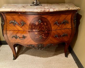 Now $925 - Was $1,200 French marquetry parquetry bombe marble top chest with oval floral marquetry medallion  33"h x 47"w x 21"d 
