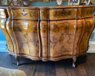 Now $2,800 - Was $3,500 Gorgeous inlaid Italian olivewood bombe commode with attached rococo mirror   commode: 44"h x 71"w x 20.5"d                        Mirror: 40"h x 71"w