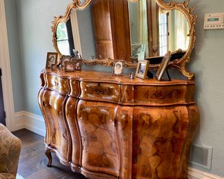 Now $2,800 - Was $3,500 Gorgeous inlaid Italian olivewood bombe commode with attached rococo mirror   commode: 44"h x 71"w x 20.5"d                        Mirror: 40"h x 71"w