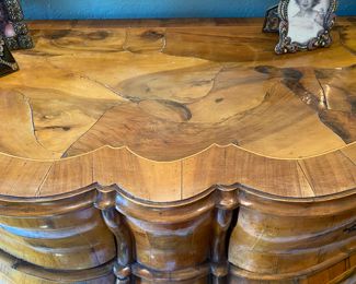 Now $2,800 - Was $3,500 Gorgeous inlaid Italian olivewood bombe commode with attached rococo mirror   commode: 44"h x 71"w x 20.5"d                        Mirror: 40"h x 71"w