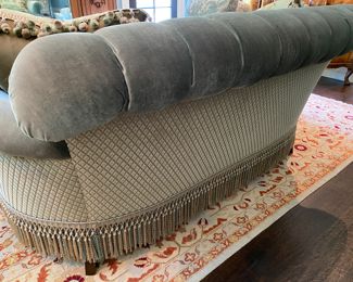 detail of coordinating velvet on back of loveseat