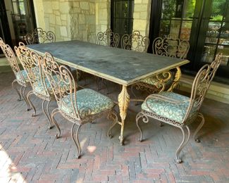 $2,800.00 Exceptional antique French heavy wrought iron zinc top dining table with table with 8 dining chairs with upholstered seats. Table 30"h x 88" long 41"w  
