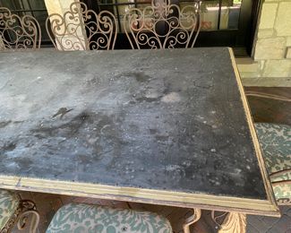 $2,800.00 Exceptional antique French heavy wrought iron zinc top dining table with table with 8 dining chairs with upholstered seats. Table 30"h x 88" long 41"w  