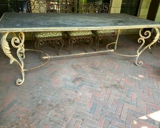 $2,800.00 Exceptional antique French heavy wrought iron zinc top dining table with table with 8 dining chairs with upholstered seats. Table 30"h x 88" long 41"w     
