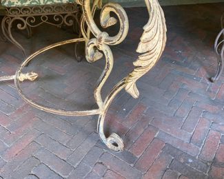 $2,800.00 Exceptional antique French heavy wrought iron zinc top dining table with table with 8 dining chairs with upholstered seats. Table 30"h x 88" long 41"w  