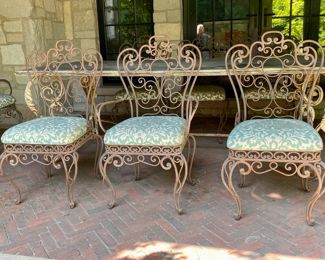 $2,800.00 Exceptional antique French heavy wrought iron zinc top dining table with table with 8 dining chairs with upholstered seats. Table 30"h x 88" long 41"w  