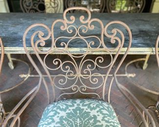 $2,800.00 Exceptional antique French heavy wrought iron zinc top dining table with table with 8 dining chairs with upholstered seats. Table 30"h x 88" long 41"w  