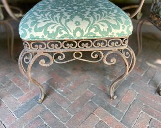 $2,800.00 Exceptional antique French heavy wrought iron zinc top dining table with table with 8 dining chairs with upholstered seats. Table 30"h x 88" long 41"w     